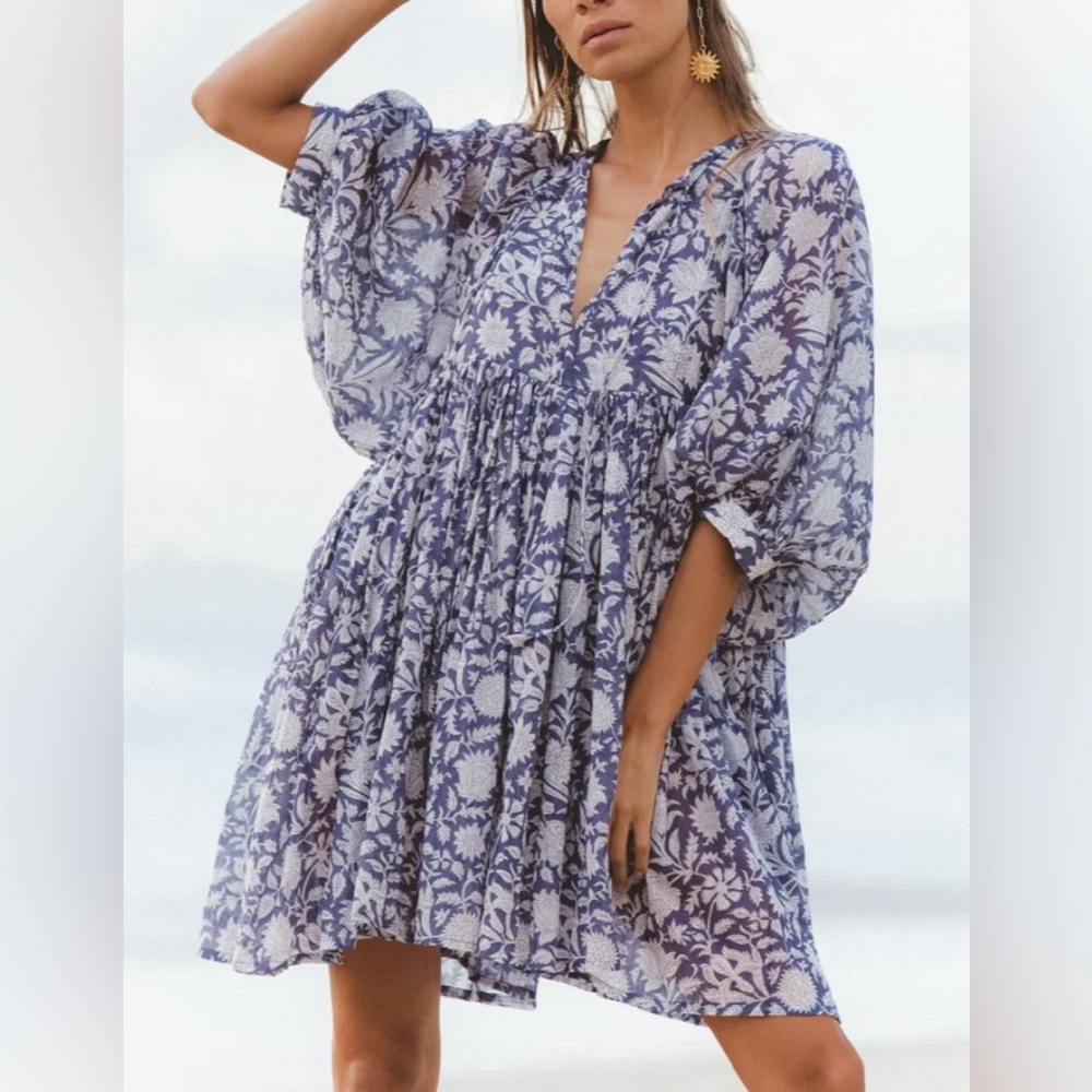 Daughters of India Kyra boho floral printed short mini dress in blue iris